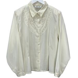 Vintage Yves St Clair Ivory White Embroidered Blouse Size 18 Eyelet Pleats
